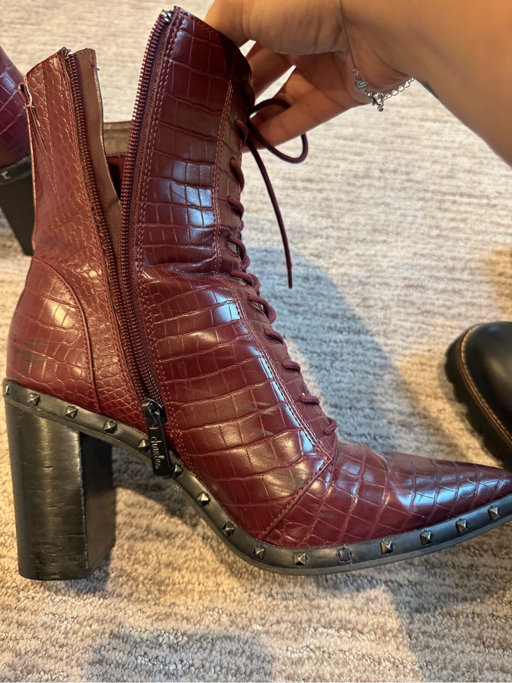 Charles David Burgundy Croc-Embossed Lace-Up Block Heel Ankle Boots - Picture 7 of 7